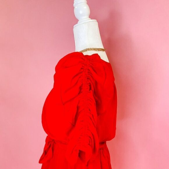 Red Ruched Sleeve Dress  - Picture 8 of 8